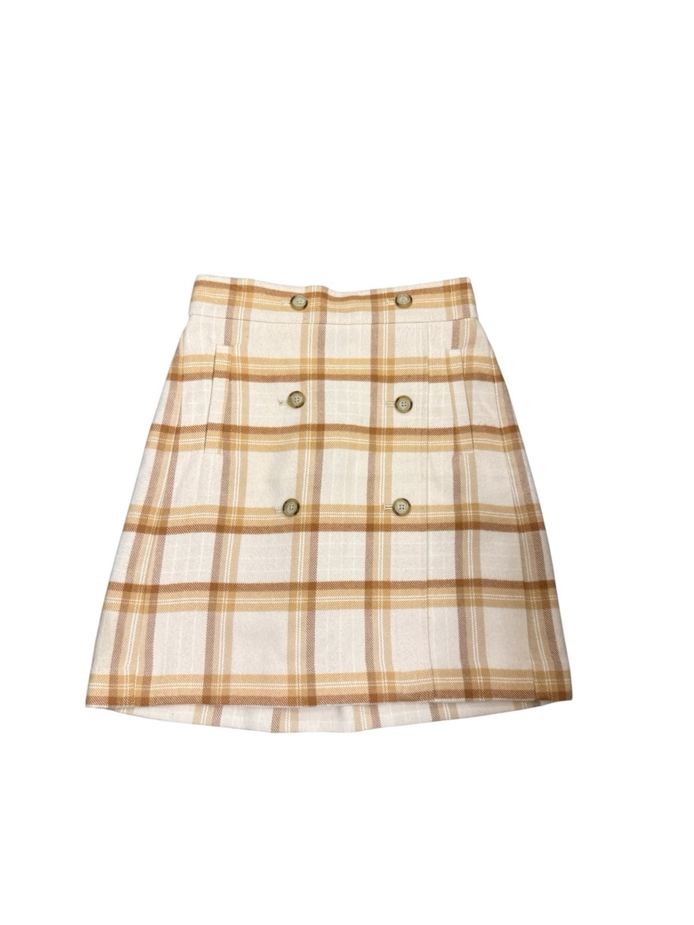 Loft Plaid Button-Front A-Line Skirt in Cream and Tan